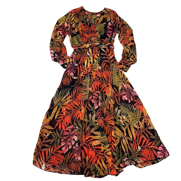 Spy Zone Exchange Black, Orange Gold Green Leaf Print Maxi Wrap Dress - Size M - Picture 1 of 10